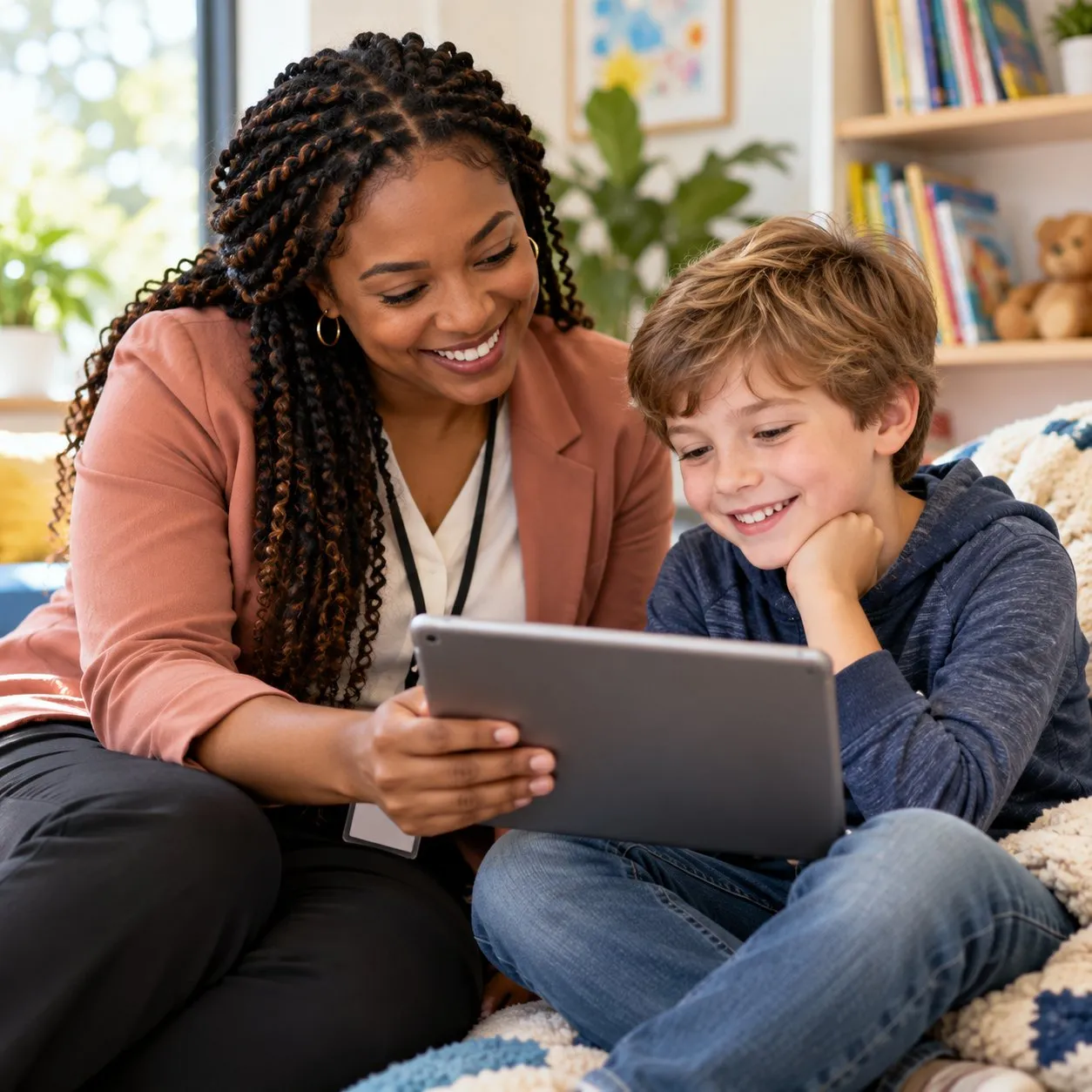 A caregiver and a child reading a story together on a tablet