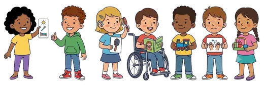 Illustrated group of children holding story cards